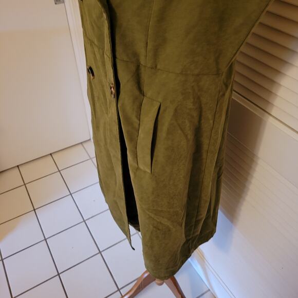 Olive Sleeveless Trench Dress XL Double Breasted V-Neck Long Layering Pockets - Picture 3 of 8